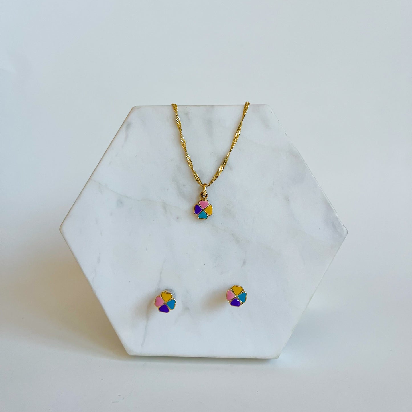 Four Leaf Clover Gold Filled Necklace + Earrings Set