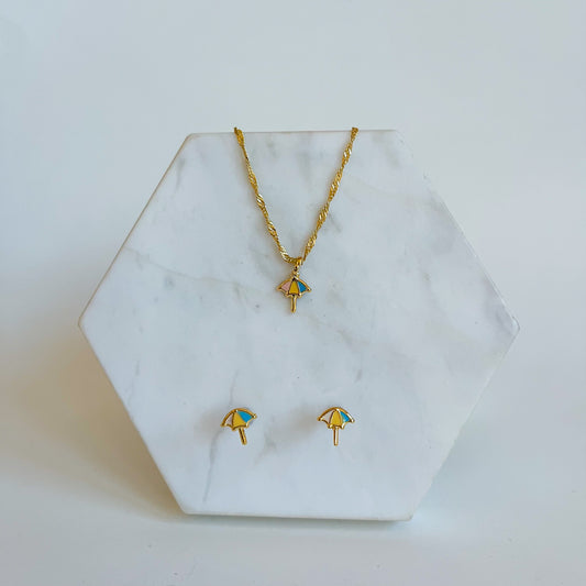 Umbrella Gold Filled Enamel Necklace + Earrings Set